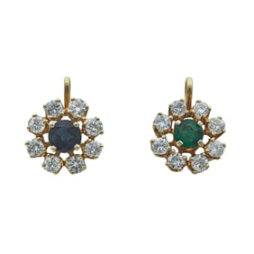 Set of 2 14K Yellow Gold Emerald, Sapphire and Diamond Flower Charm Pendants