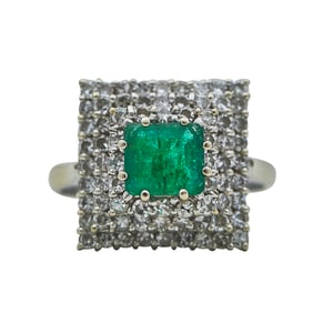 18K White Gold Emerald and Diamond Square Pyramid Ring