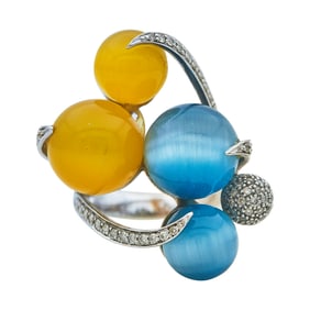 Whimsical 14K White Gold Dyed Cat's Eye Quartz and Diamond Ball Ring