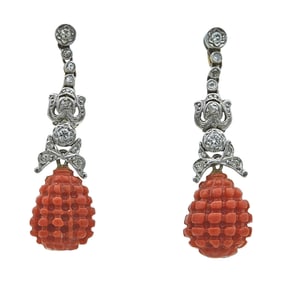 18K Yellow Gold and Platinum Diamond and Carved Coral Dangle Drop Earrings