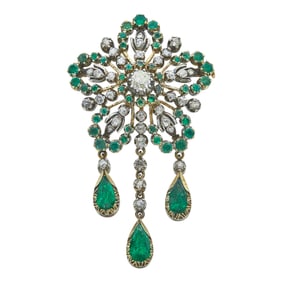18K Rose Gold and Silver Emerald and Round and Rose-Cut Diamond Star Brooch Pin