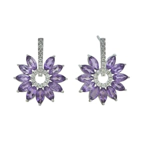 18K White Gold Marquise-Cut Amethyst and Diamond Flower Burst Earrings