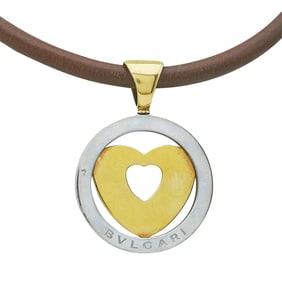 Bvlgari Bulgari Tondo 18K Yellow Gold and Stainless Steel Heart Pendant on Leather Cord Necklace