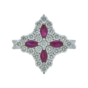 Roberto Coin Princess Flower 18K White Gold Marquise-Cut Ruby and Diamond Ring
