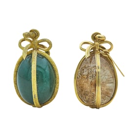 Lot of 2 Rutilated Quartz and Aventurine Quartz 18K Yellow Gold Wrapped Egg Pendants