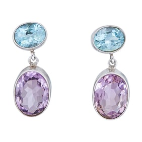 Sterling Silver Bezel-Set Amethyst and Blue Topaz Drop Earrings