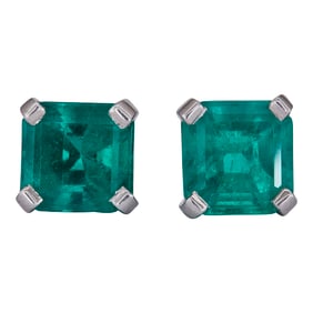 Platinum Emerald-Cut Emerald Stud Earrings