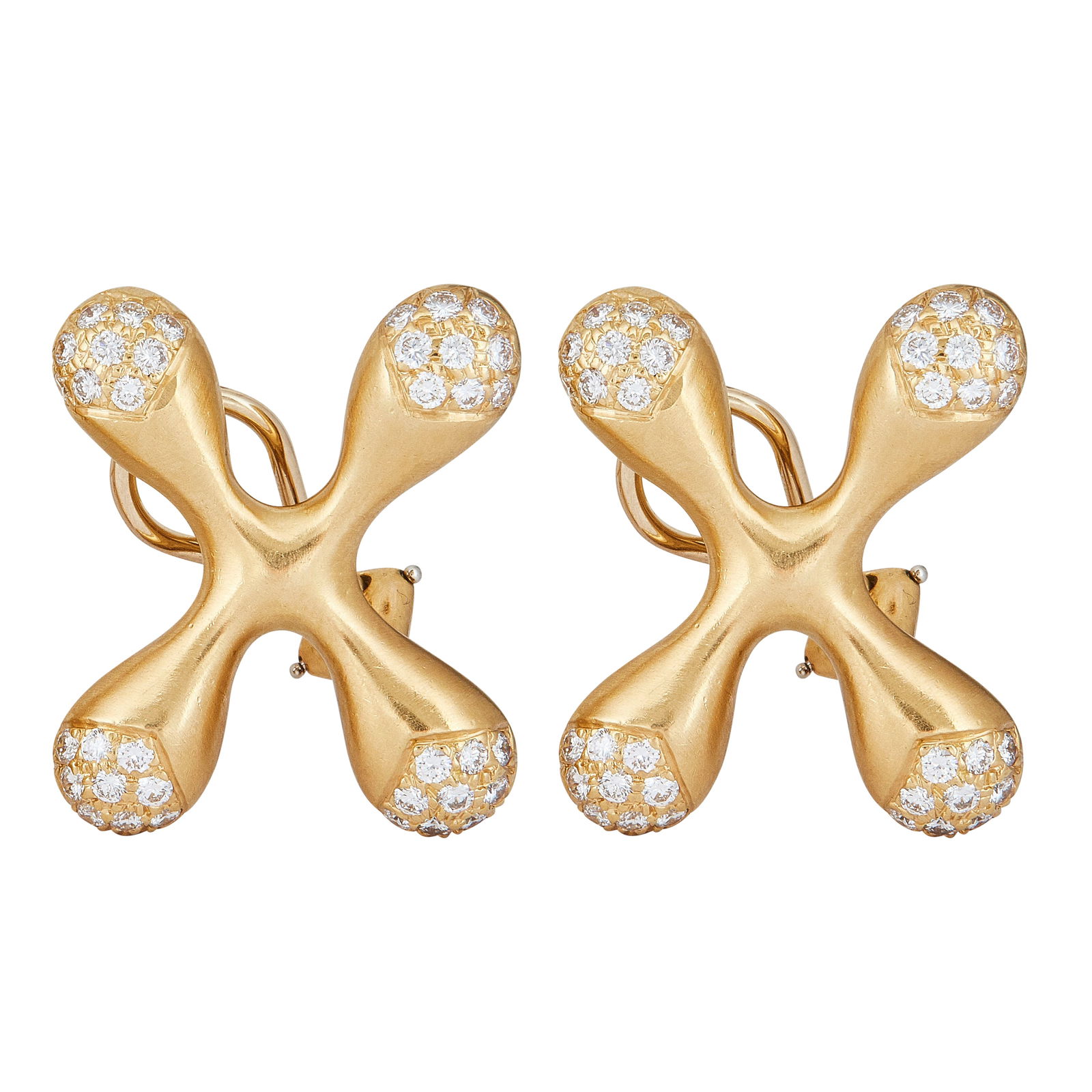 Angela Cummings 18K Yellow Gold Diamond Jacks Earrings: BRAND: Angela Cummings; METAL: 18K Yellow Gold; APPROXIMATE TOTAL DIAMOND WEIGHT: 1 ctw; STAMPED: 1996, Cummings, 18K; CONDITION: Pre-owned, Good; ITEM WEIGHT (GRAMS): 19.47 g; MEASUREMENTS: 30mm x 30