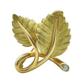 2003 Tiffany & Co. 18K Yellow Gold Diamond Double Leaf Brooch Pin