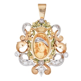 18K Yellow Gold and Platinum Resin Cameo, Enamel and Diamond Convertible Brooch and Pendant