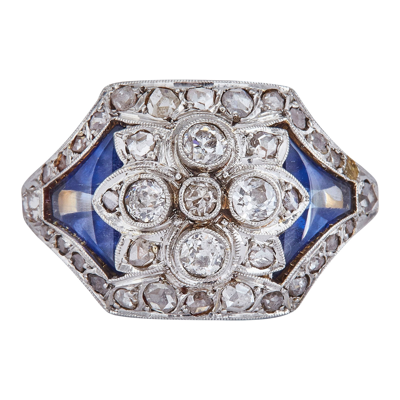 18K Yellow Gold and Platinum Diamond and Synthetic Sapphire Engagement Ring (1 of 2)