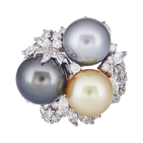 18K White Gold South Sea Golden and Tahitian Pearls and Diamond Cluster Ring