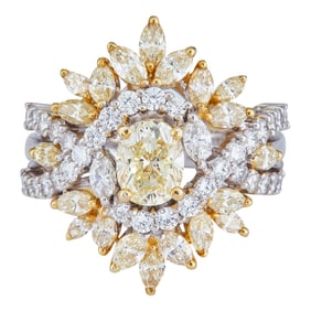 18K White and Yellow Gold Colorless and Yellow Diamond Cluster Ring