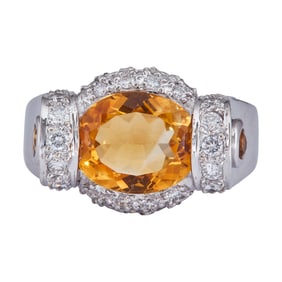 18K White Gold Oval-Cut Citrine and Diamond Ring