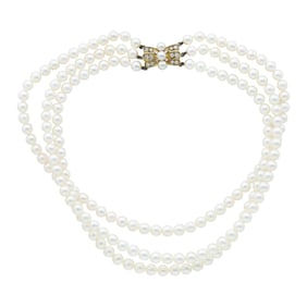 Mikimoto 3 Strand 6mm Akoya Pearl Choker Necklace with 18K Yellow Gold Diamond Clasp