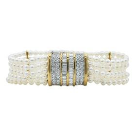 Multi Strand 3mm Akoya Pearl Bracelet with 14K Yellow Gold and Diamond Clasp