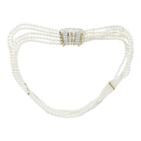 Multi Strand 3mm Akoya Pearl Choker Necklace with 14K Yellow Gold and Diamond Clasp