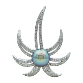 18K White Gold 14mm Tahitian Pearl and Diamond Floral Brooch Pin