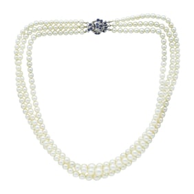 3 Strand Graduated Akoya Pearl Necklace with 14K White Gold Sapphire Clasp