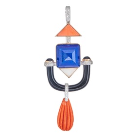 18K White and Yellow Gold Coral, Lapis Lazuli, Onyx and Diamond Pendant