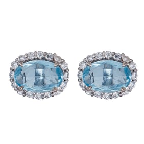 14K White Gold Aquamarine and Diamond Halo Stud Earrings