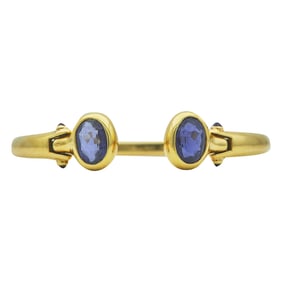 18K Yellow Gold Iolite and Ruby Open Hinged Cuff Bangle Bracelet