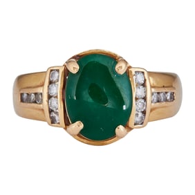 18K Yellow Gold Jade Cabochon and Diamond Ring