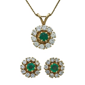 14K Yellow Gold Emerald and Diamond Halo Cluster Pendant Necklace and Earrings Suite