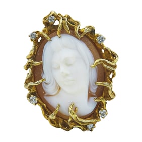 14K Yellow Gold High Relief Cameo and Diamond Brooch Pin
