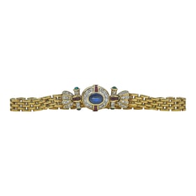 18K Yellow and White Gold Oval-Cut Sapphire, Ruby, Emerald and Diamond Link Bracelet