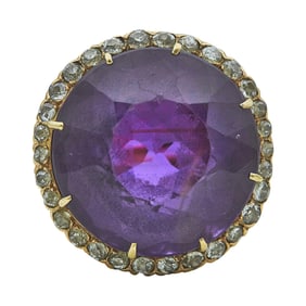 14K Yellow Gold 40 carat Amethyst and Diamond Halo Cocktail Ring