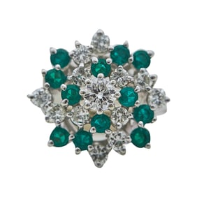 14K White Gold Emerald and Diamond Starburst Cluster Tiered Ring