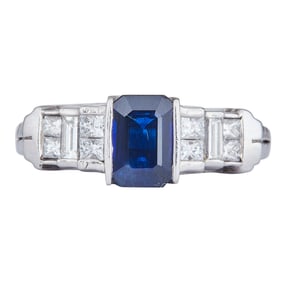 Platinum Emerald-Cut Sapphire and Diamond Engagement Ring