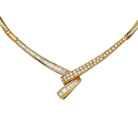 14K Yellow Gold Round and Baguette-Cut Diamond Omega Necklace