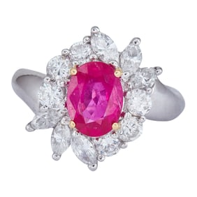 Platinum Oval-Cut Ruby and Diamond Asymmetrical Cluster Ring