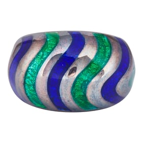 Black Rhodium 18K White Gold Blue and Green Enamel Striped Ring