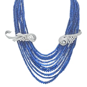 Multi-Strand Beaded Sapphire Necklace with Platinum and 18K White Gold Diamond Spacers and Clasp