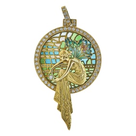 18K Yellow Gold Plique-à-jour Enamel and Diamond Fairy Figural Pendant