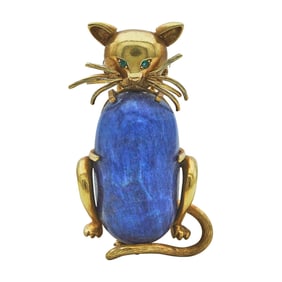 18K Yellow Gold Gem Set Cat Brooch Pin