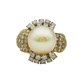 18K Yellow Gold Oval Golden South Sea Pearl and Diamond Ring