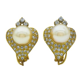 14K Yellow Gold 9mm South Sea Pearl and Diamond Earrings