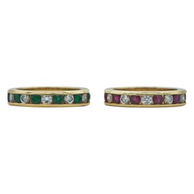 Set of 2 14K Yellow Gold Diamond, Ruby and Emerald Eternity Band Rings