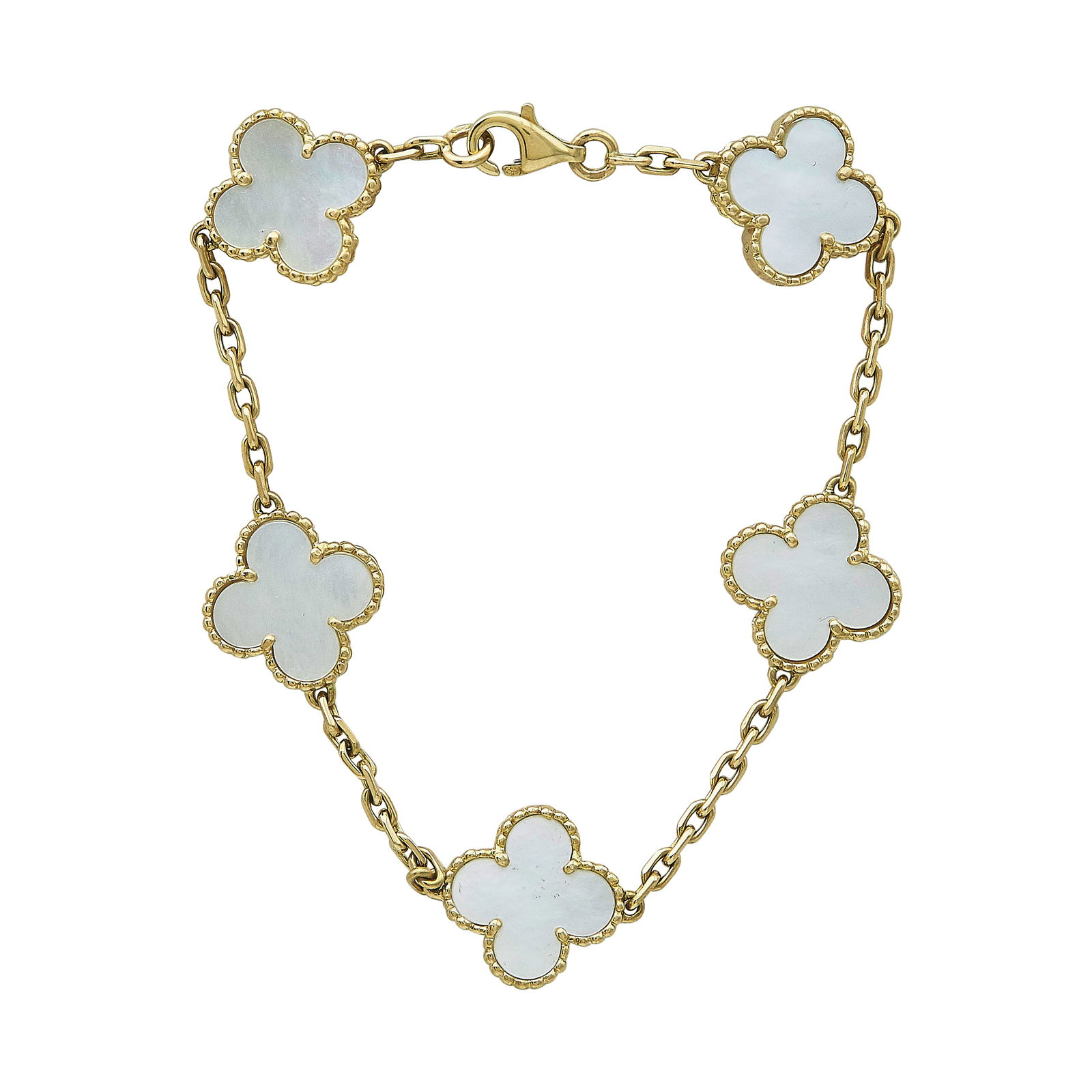 Van Cleef & Arpels Vintage Alhambra 18K Yellow Gold Mother-of-Pearl 5 Motif Bracelet: BRAND: VCA; COLLECTION: Alhambra (Vintage); METAL: 18K Yellow Gold; GEMSTONES: Mother-of-Pearl; STAMPED: VCA, 750, numbered, assay mark, maker's mark; CONDITION: Pre-owned, Very Good; ITEM WEIGHT (GRA