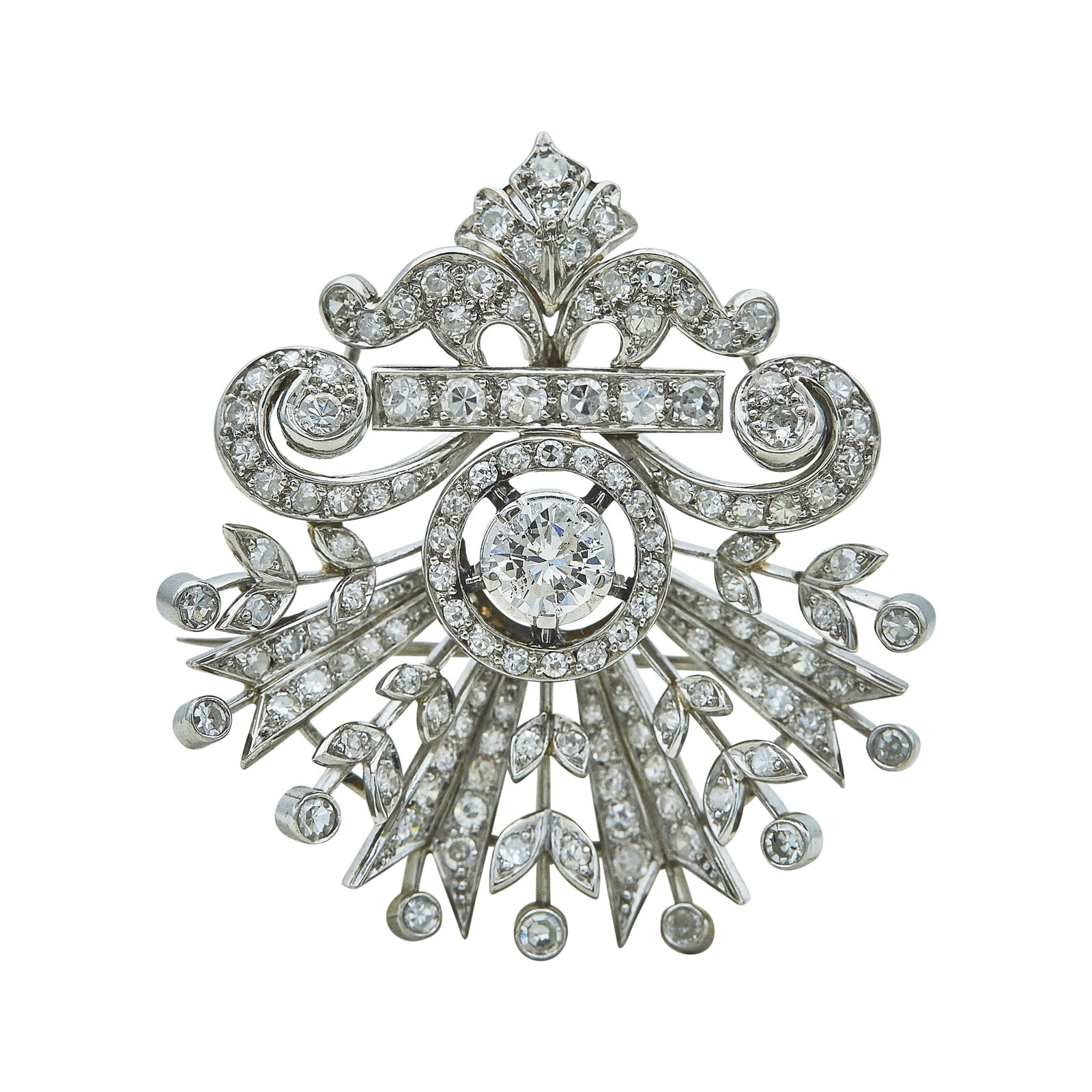 Platinum Diamond Bouquet Brooch Pin: METAL: Platinum; APPROXIMATE TOTAL DIAMOND WEIGHT: 2.50 ctw; TESTED: Platinum; CONDITION: Pre-owned, Very Good; ITEM WEIGHT (GRAMS): 15.31 g; MEASUREMENTS: 41mm x 38mm