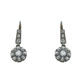 18K Rose Gold and Silver Old Mine-Cut Diamond Cluster Drop Earrings