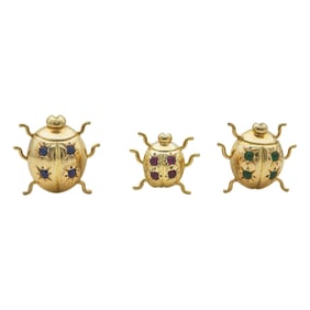 18K Yellow Gold Multi Gem-Set Lady Bug Pin Set