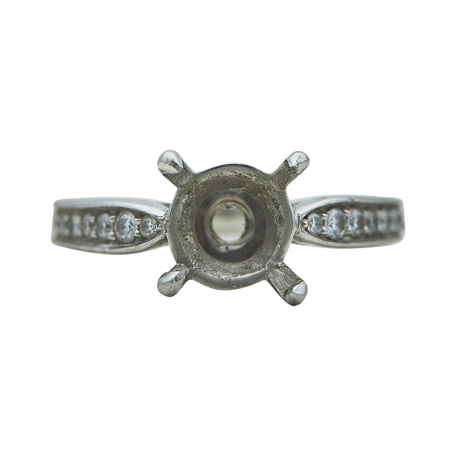 Platinum Diamond Engagement Ring Setting: METAL: Platinum; APPROXIMATE TOTAL DIAMOND WEIGHT: 0.20 ctw; STAMPED: Plat, Signed; CONDITION: Pre-owned, Good; ITEM WEIGHT (GRAMS): 5.94 g; MEASUREMENTS: Ring size 3 3/4; center will fit approx. 6mm 