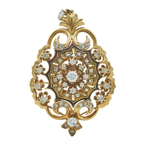 14K Yellow Gold Diamond and Black Onyx Convertible Brooch Pendant