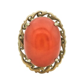 14K Yellow Gold Orange Coral Cabochon Ring