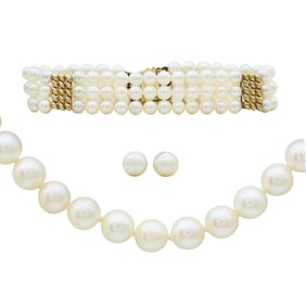 Mikimoto 14K Yellow Gold Akoya Pearl Bracelet and Single Strand Necklace, with Unsigned Akoya Pearl